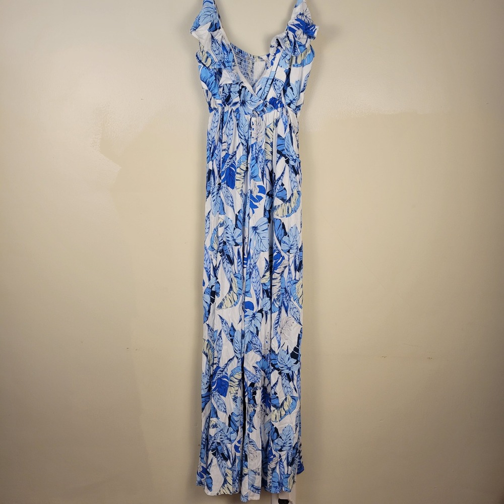 Olivaceous Blue White Tropical Leaf Print Wide Leg Maxi Jumpsuit Womens Medium